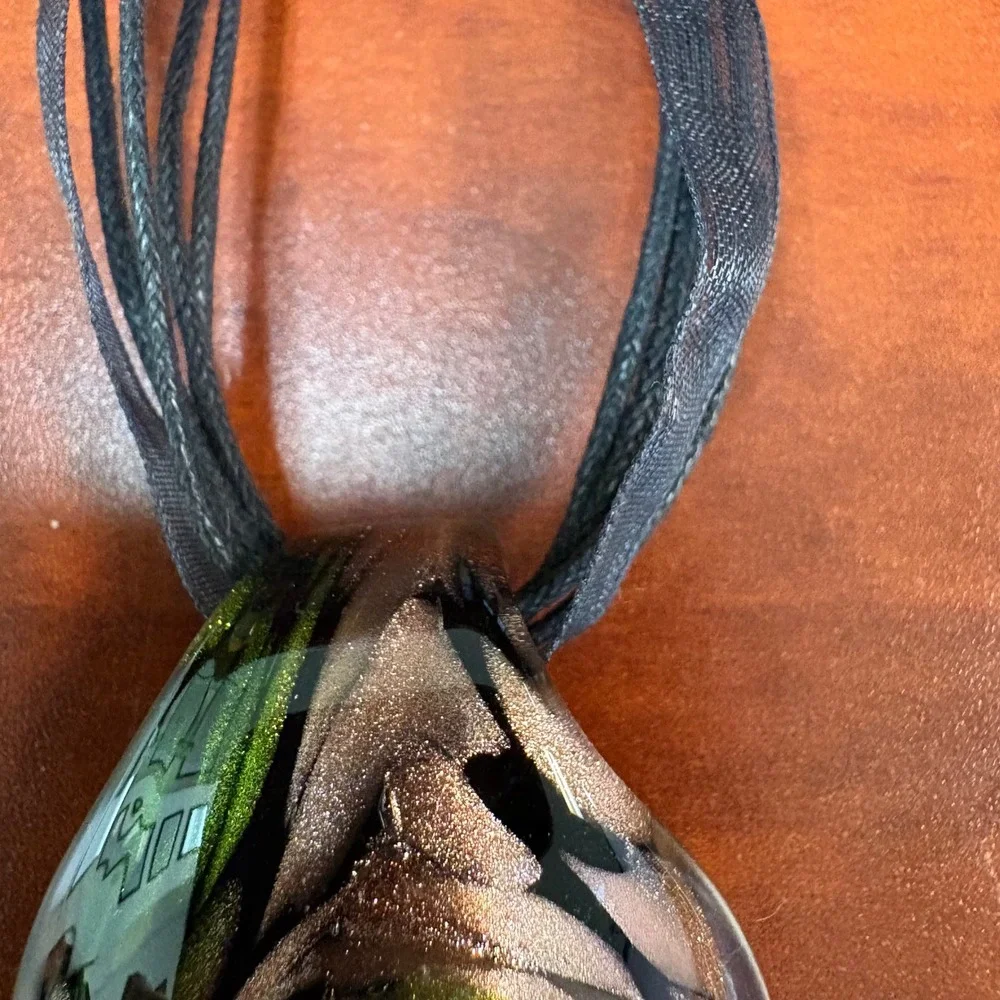 Art Glass Teardrop Pendant Necklace Green‎ Brown Swirl Boho Ribbon Cord
